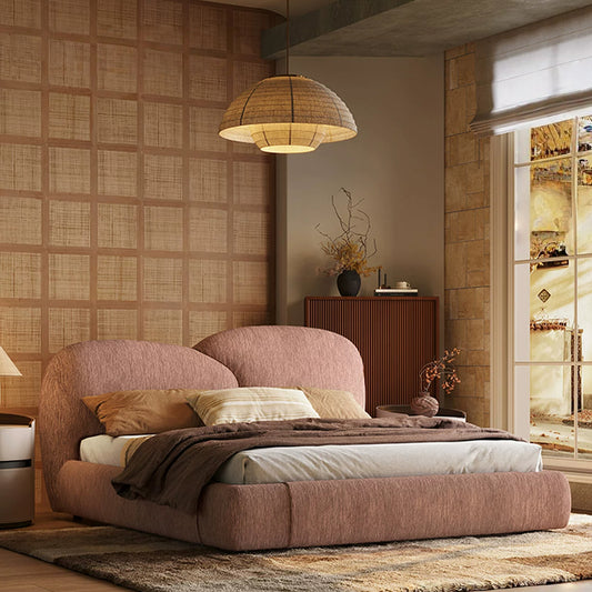 Queen Size Modern Chenille Fabric Upholstered Platform Bed Frame with Curved Headboard