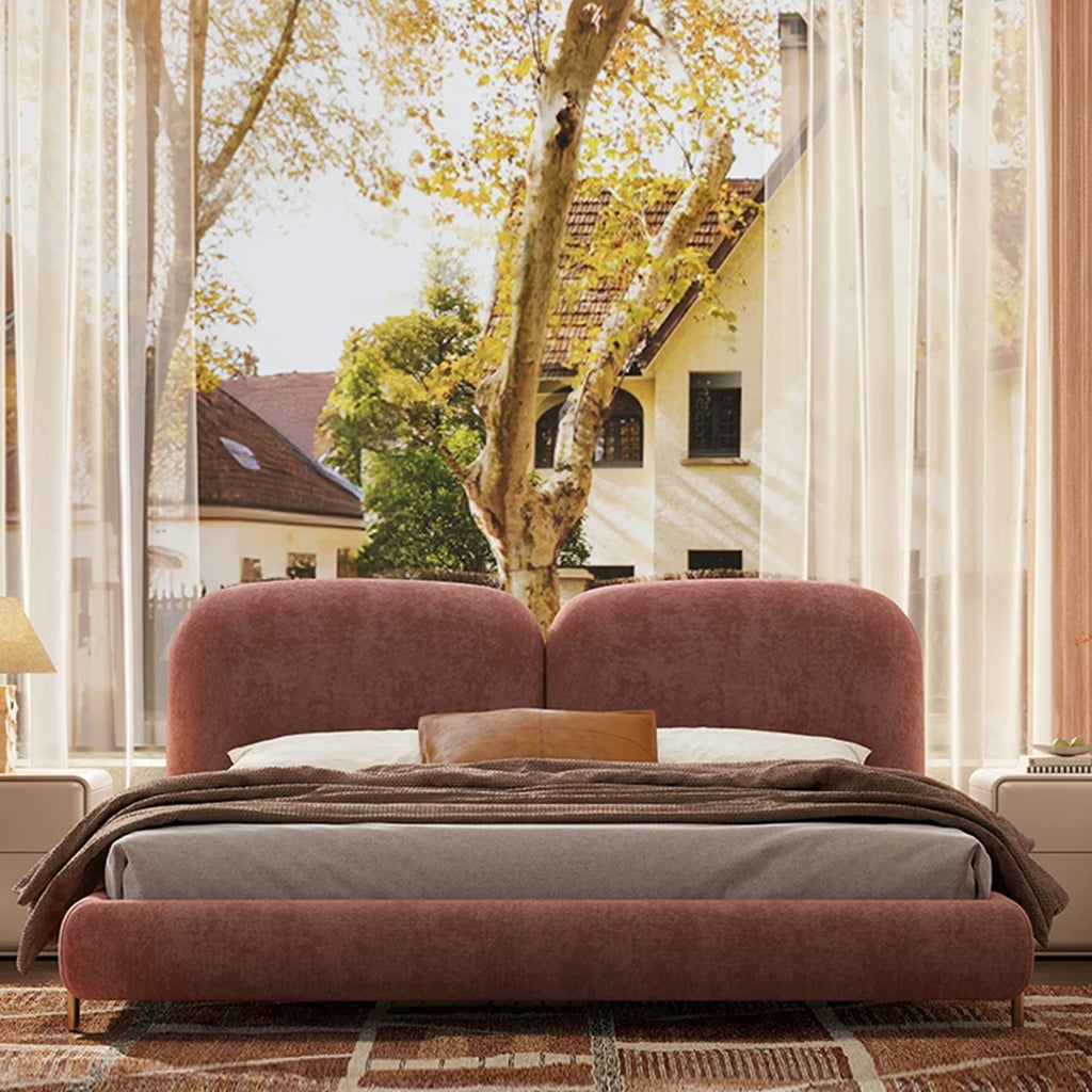 Queen Size Cloud Bed Frame, Mid-Century Modern Upholstered Bed with Soft Chenille Fabric, Low Profile Platform Bed with Curved Double Headboard