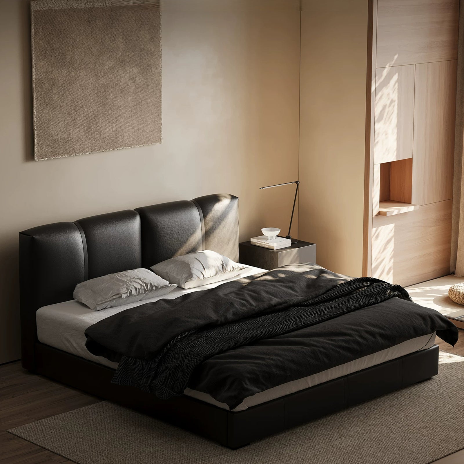 Queen Size Contemporary Faux Leather Upholstered Bed Frame, Luxury Black Platform Bed with Curved Soft Headboard, Heavy Duty Mattress Foundation, No Box Spring Required, Noise-Free Bedroom Furniture