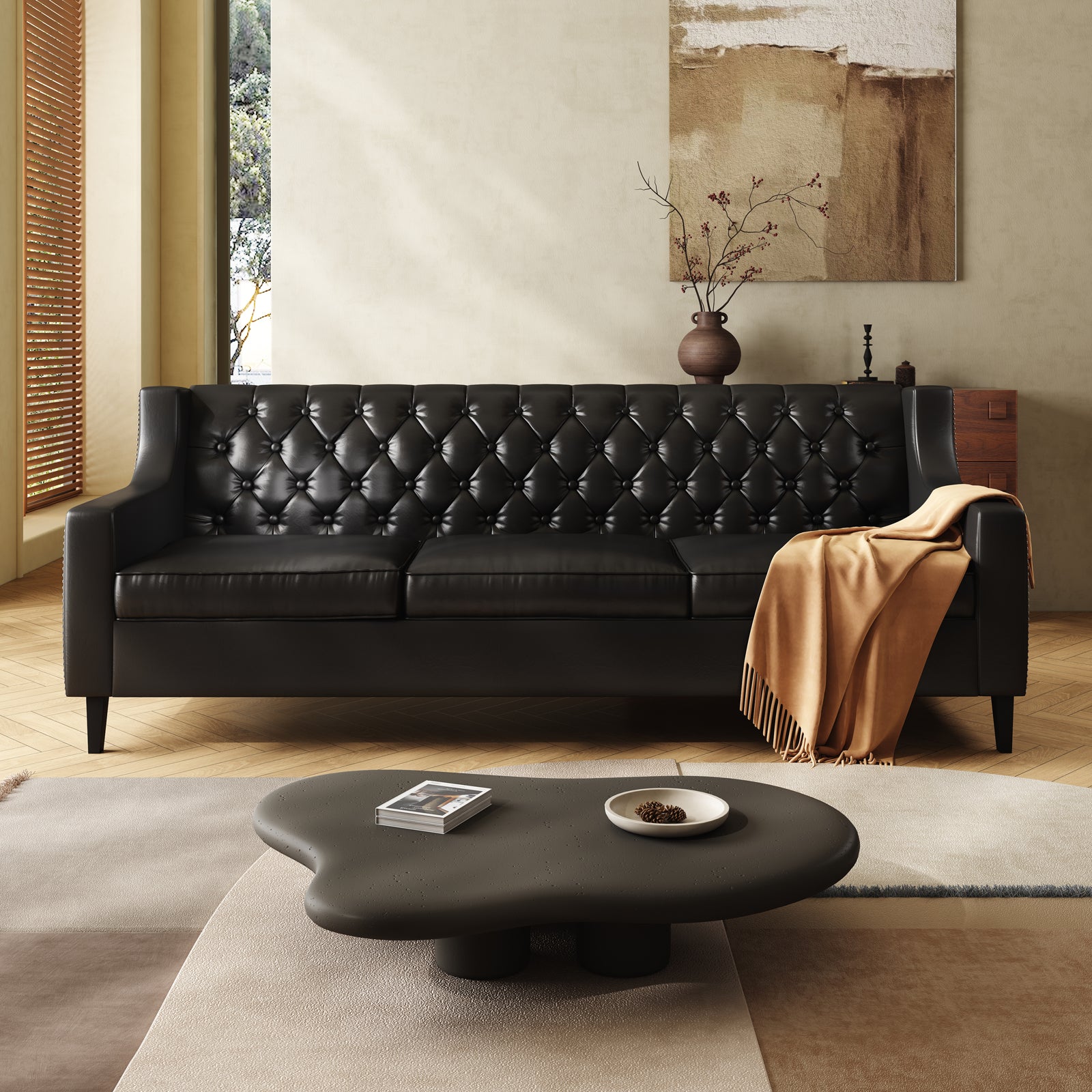 78.75" W Faux Leather Sofa, Button-Tufted 3-Seater Sofa, Mid Century Modern Vintage Brown Leather couches Couch for Living Room, Entertainment Area, Apartment,Office