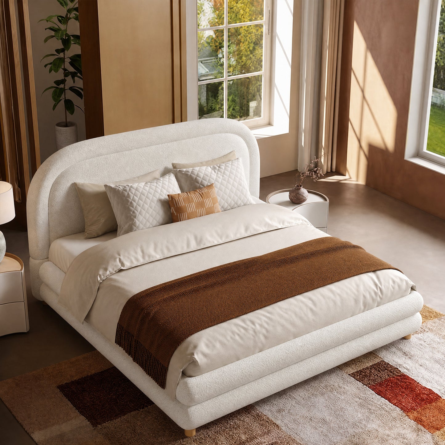 Neutral Minimal Curved Arch Dome Cloud Boucle Queen Bed Frame