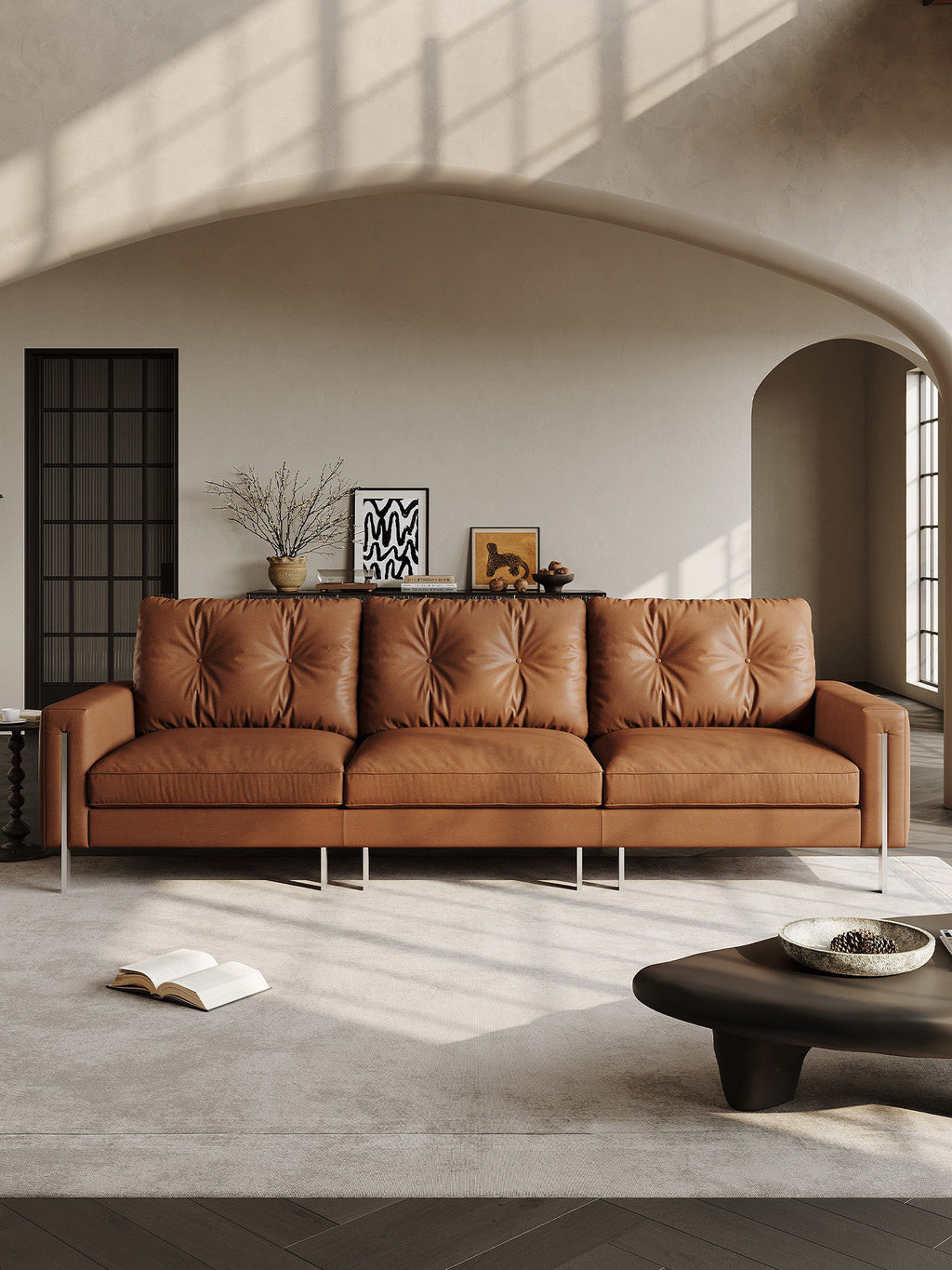 Faux Leather Sofa 110.24" for Three, Simple and Fashionable Design, Solid Wood Frame with Metal Legs, for Modern Living Room, Bedroom, Office, Brown