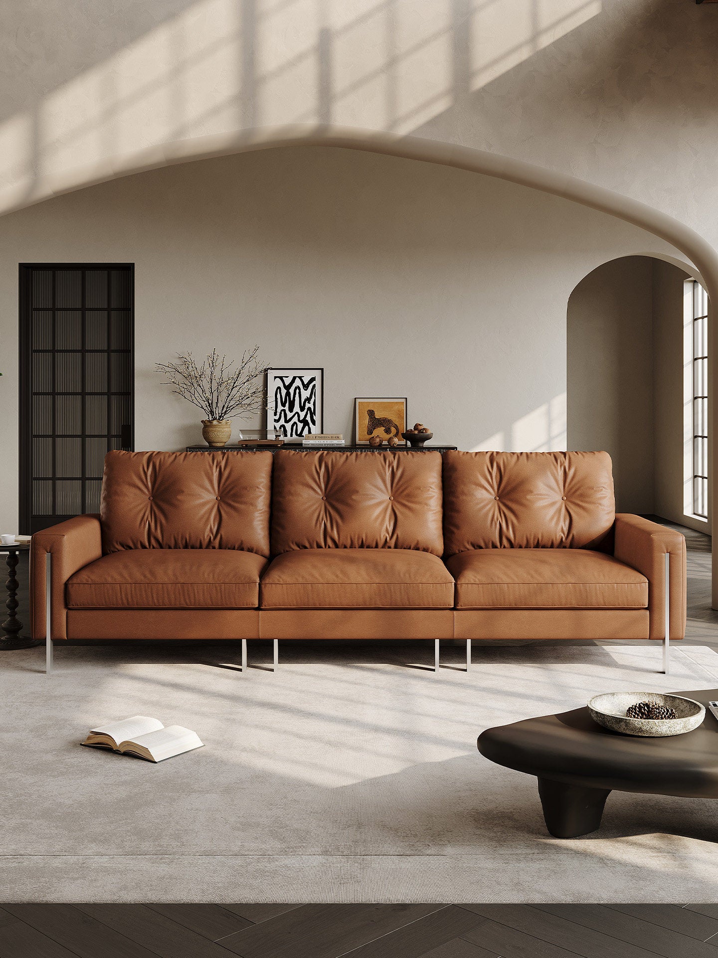 Faux Leather Sofa 110.24" for Three, Simple and Fashionable Design, Solid Wood Frame with Metal Legs, for Modern Living Room, Bedroom, Office, Brown
