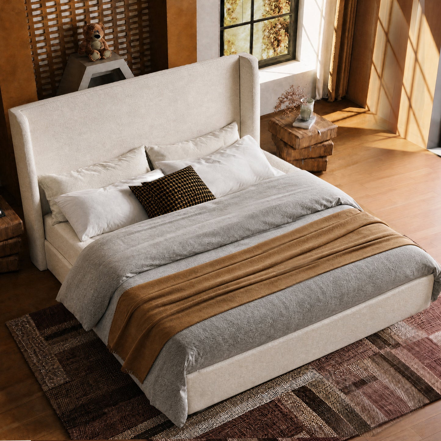 Medieval Minimal Tall Wing Cloud Boucle Queen Bed Frame