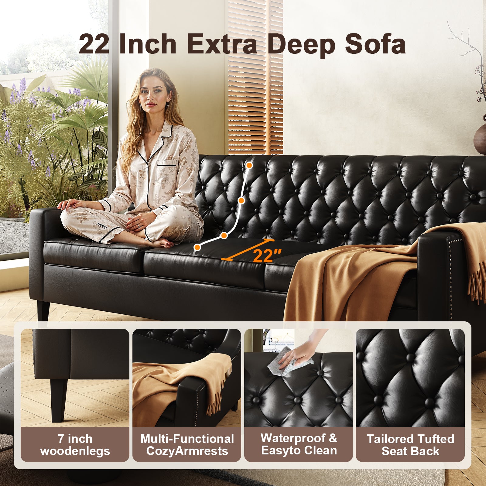 78.75" W Faux Leather Sofa, Button-Tufted 3-Seater Sofa, Mid Century Modern Vintage Brown Leather couches Couch for Living Room, Entertainment Area, Apartment,Office