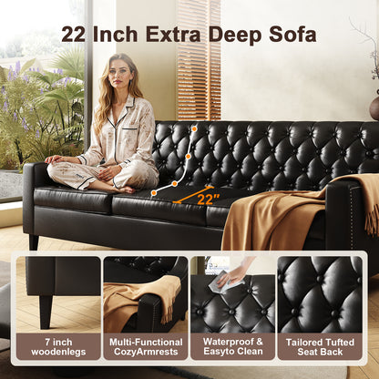 78.75" W Faux Leather Sofa, Button-Tufted 3-Seater Sofa, Mid Century Modern Vintage Brown Leather couches