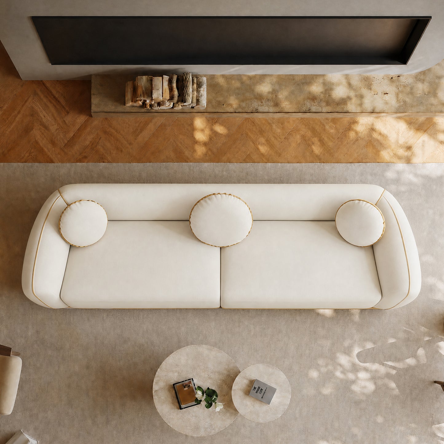 90.94 Inch White Boucle 2-Seater Modular Sofa,golden contrasting-stitching wooden base with armrests sofa, 2000-pound heavy-duty minimalist wabi-sabi style sofa, equipped with 3 round cushions, suitable for living rooms and villas