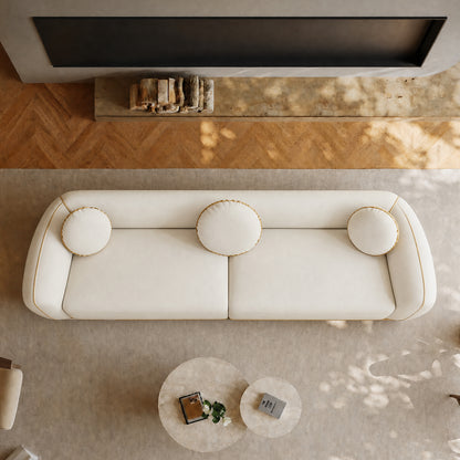 90.94 Inch White Boucle 2-Seater Modular Sofa,golden contrasting-stitching wooden base with armrests sofa, 2000-pound heavy-duty minimalist wabi-sabi style sofa, equipped with 3 round cushions, suitable for living rooms and villas