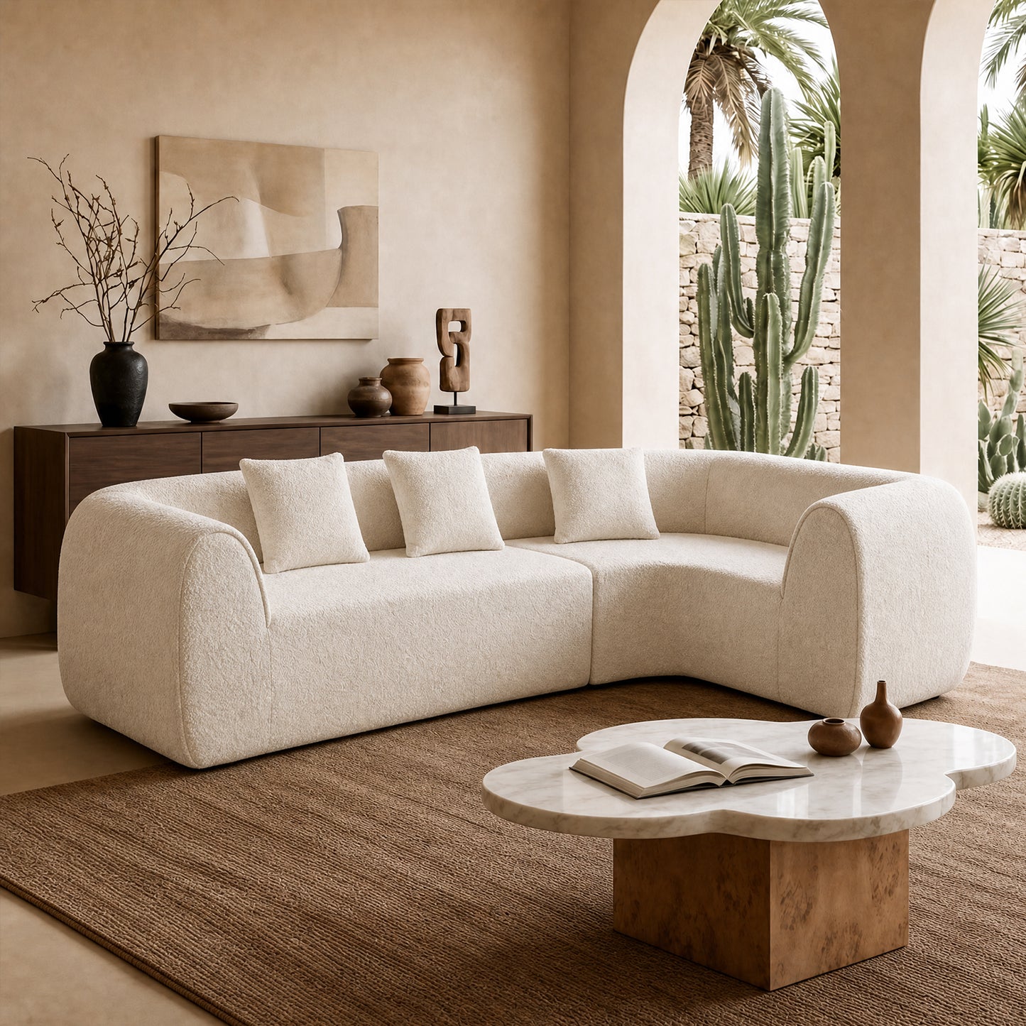 110.2-inch white modular L-shaped sofa - fabric circular design, lounge chair, with three throw pillows, with a load capacity of 2000 pounds