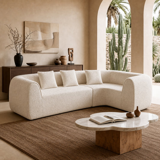 110.2-inch white modular L-shaped sofa - fabric circular design, lounge chair, with three throw pillows, with a load capacity of 2000 pounds