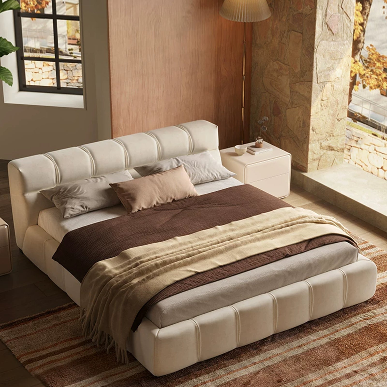 Queen Size Upholstered Bed Frame, Mid-Century Modern Cloud-Feel Bed, Soft Fabric Tufted Bed Frame, Minimalist Low Profile Platform Bed for Bedroom, No Box Spring Required, Beige