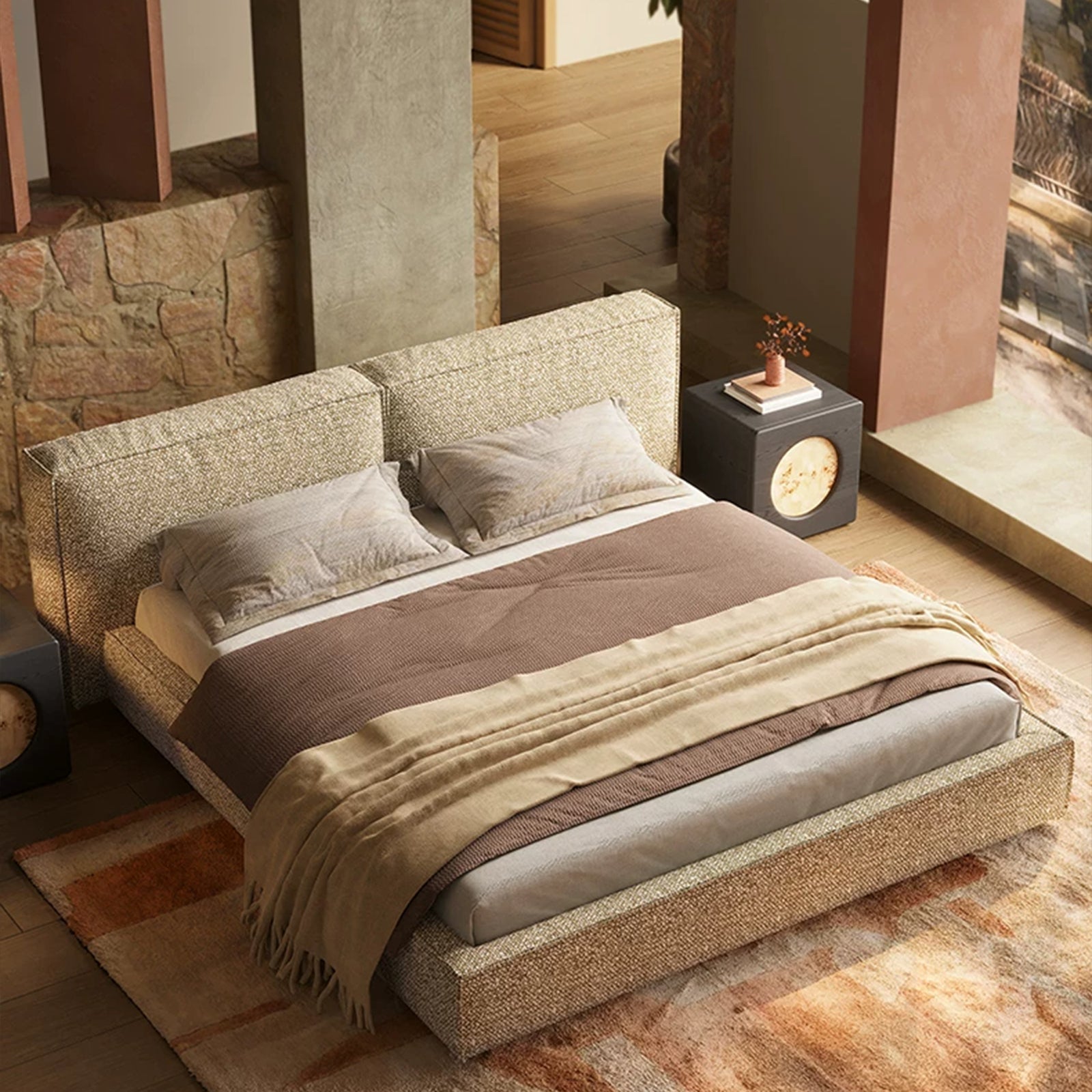Queen Size Linen Upholstered Platform Bed Frame, Modern Style Cloud-Feel Bed with Low Profile Headboard, No Box Spring Needed, Beige