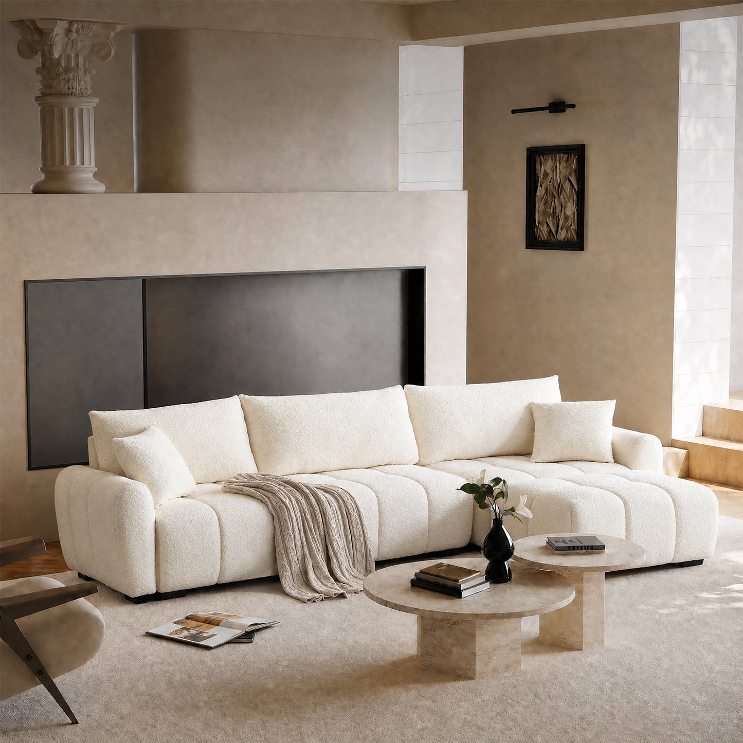 110" White Modular L-Sofa – Boucle Fabric, Lounge Sleeper, Heavy Duty 2000lbs