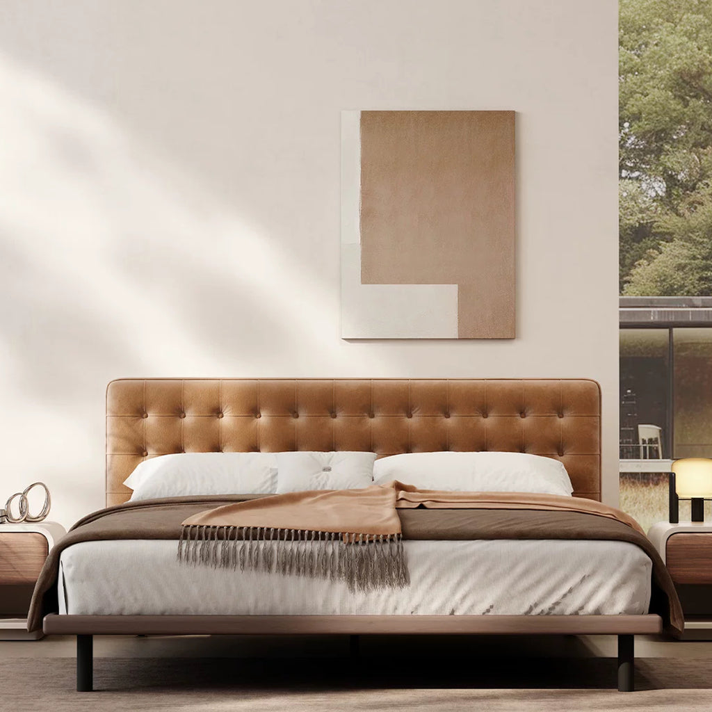 Queen Size Platform Bed Frame with Upholstered Faux Leather Button Tufted Headboard, Mattress Foundation with Wooden Slat Support, No Box Spring Needed, Easy Assembly, Noise Free