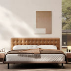 Queen Size Platform Bed Frame with Upholstered Faux Leather Button Tufted Headboard, Mattress Foundation with Wooden Slat Support, No Box Spring Needed, Easy Assembly, Noise Free