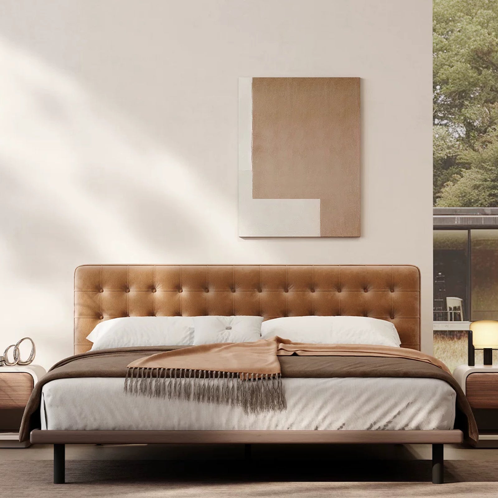 Queen Size Platform Bed Frame with Upholstered Faux Leather Button Tufted Headboard, Mattress Foundation with Wooden Slat Support, No Box Spring Needed, Easy Assembly, Noise Free