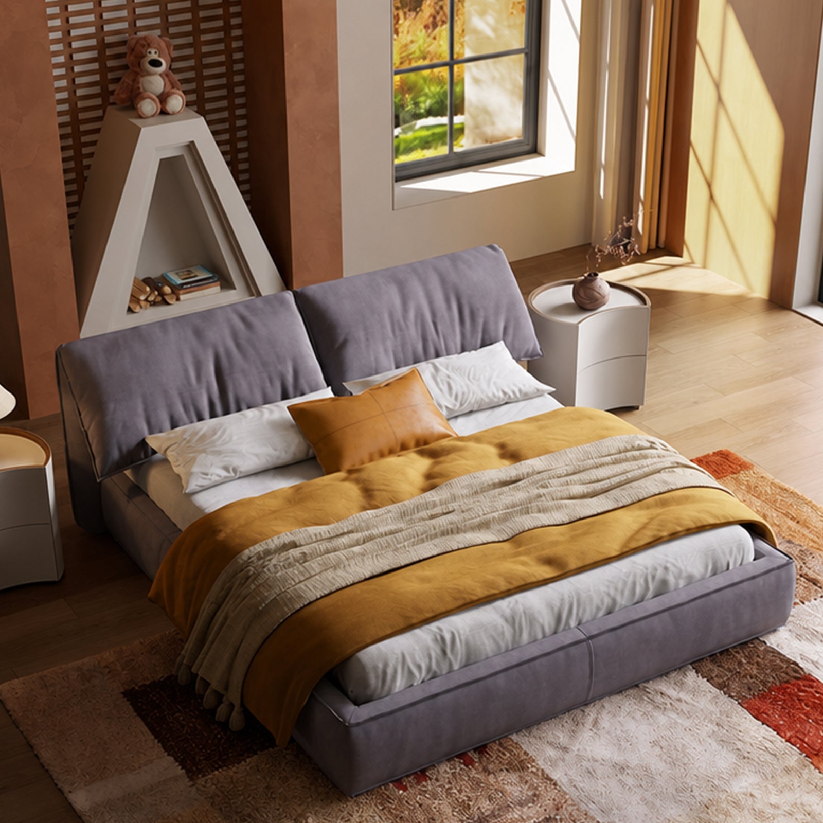 Queen Size Upholstered Platform Bed Frame with Oversized Padded Headboard, Modern Low Profile Bed Frame, No Box Spring Needed