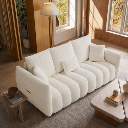 79.5-inch white wavy 3-seater sofa, boucle sofa, with side pockets and cushions, with a load capacity of 2000 pounds, sturdy and durable, minimalist and serene style, suitable for living rooms and apartments