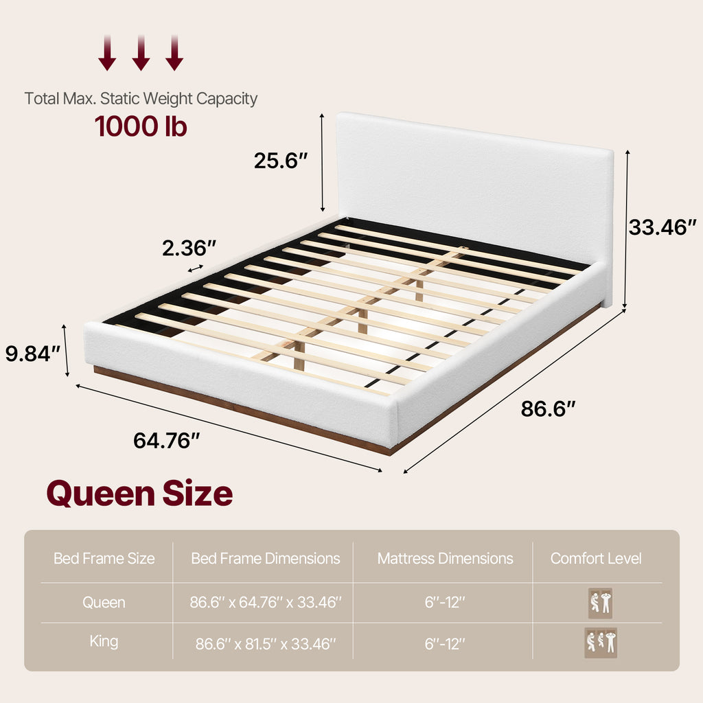 Modern Cloud-Feel Bed– Queen Size, Platform Bed with Soft Thick Headboard,Block White Fabric Upholstered Bed with Nice Wood Grain Textured Solid Wood Base Frame