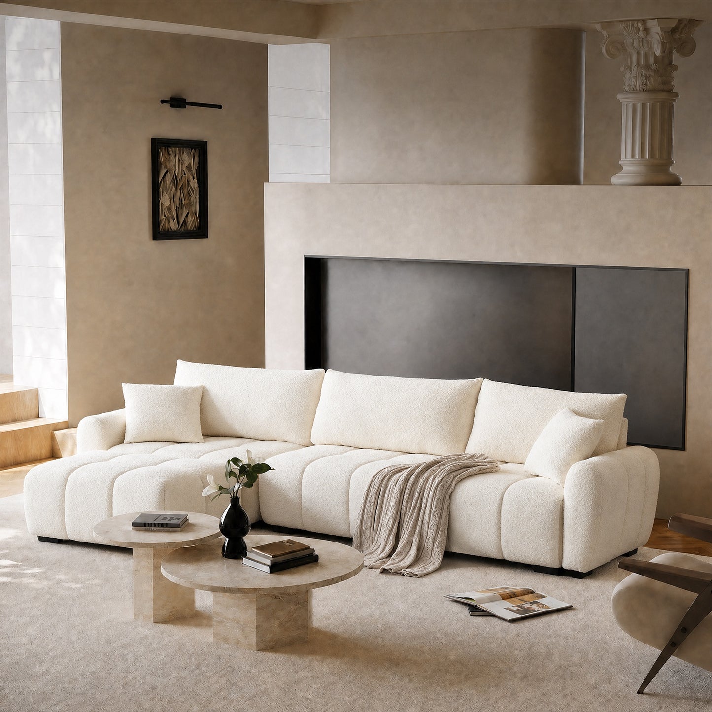 110" White Modular L-Sofa – Boucle Fabric, Lounge Sleeper, Heavy Duty 2000lbs