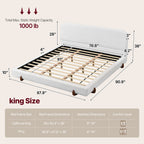 Cloud-Feel Bed– King Size, White Upholstered Platform Bed Frame with Soft Headboard & Wood Solid Legs, for Bedroom Apartment