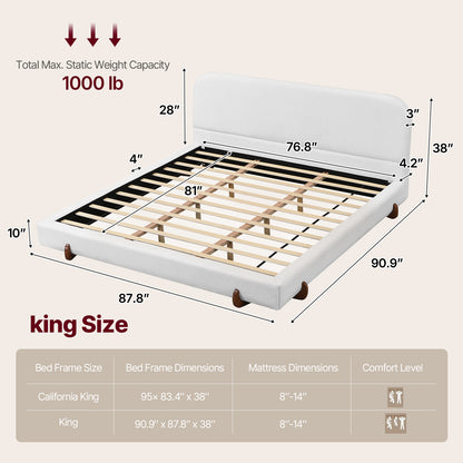 Boucle Cloud-Feel Bed– King Size,  Wood Solid Legs