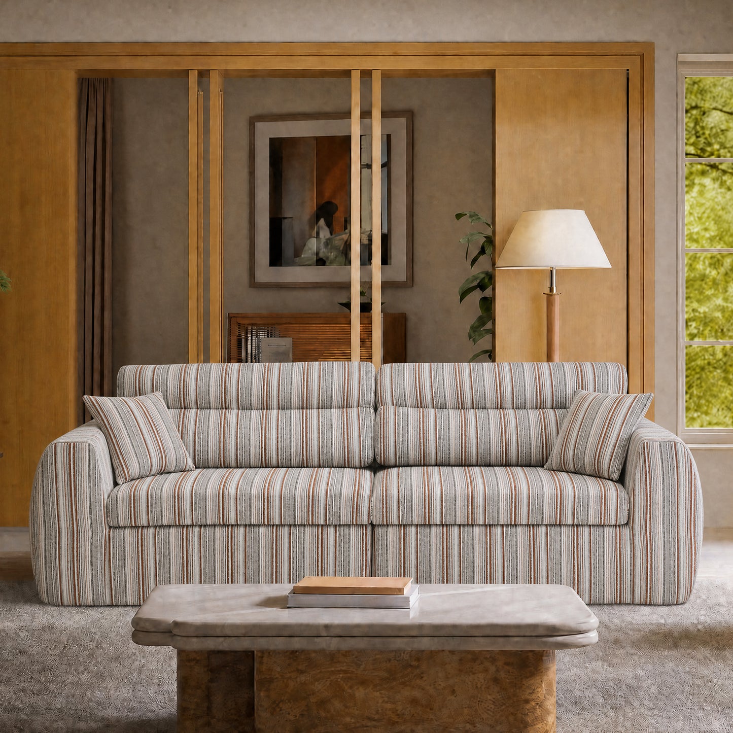 Modern multi-color striped 111.02-inch double sofa - modular design, comfortable and relaxing bed, equipped with cushions, made of solid wood, with a load-bearing capacity of 2000 pounds, easy to assemble