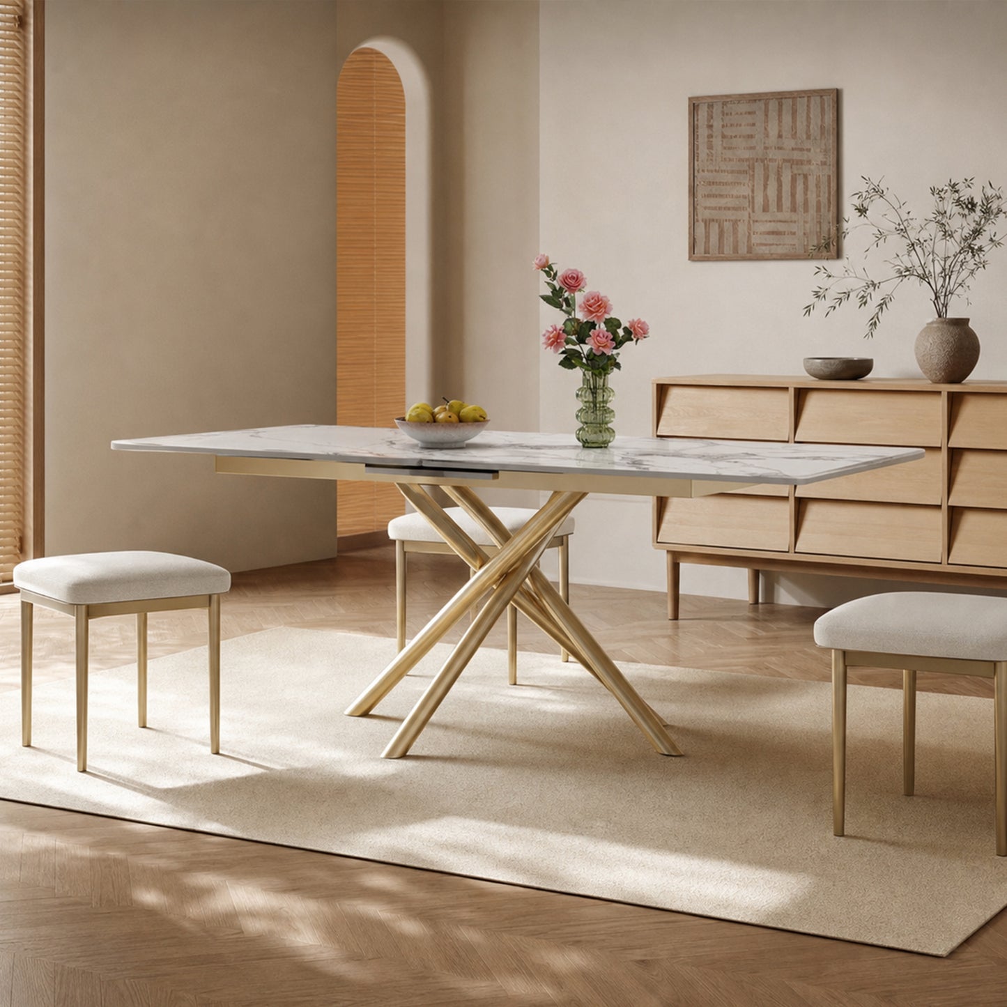 59-inch Modern rectangle Expandable Dining Table , Sintered Stone Top & Golden Carbon Steel X-Base
