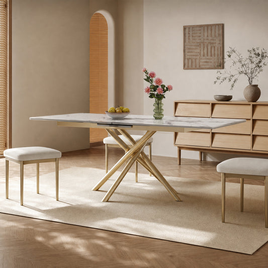 59-inch Modern rectangle Expandable Dining Table , Sintered Stone Top & Golden Carbon Steel X-Base