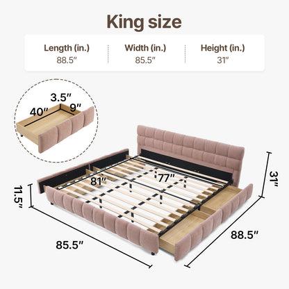 Queen Size Modern Cloud-Feel Bed Frame,With four drawers,Multi Color Beige/Green/Grey/Pink