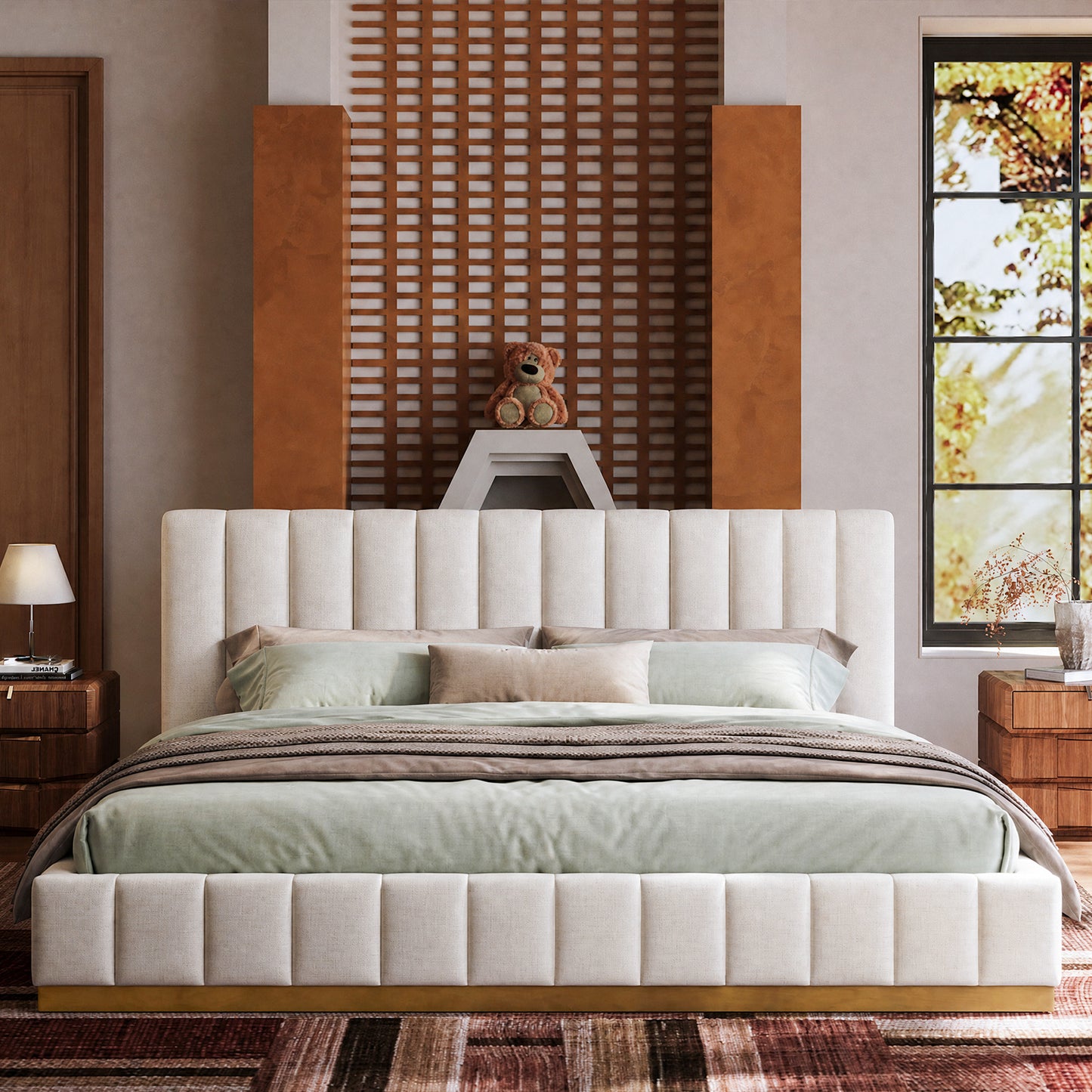 Medieval Minimal Vertical Channel Cloud Boucle Queen Bed Frame, Wood Base Trim