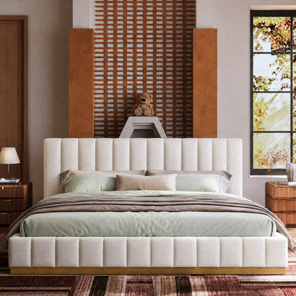 Medieval Minimal Vertical Channel Cloud Boucle Queen Bed Frame, Wood Base Trim
