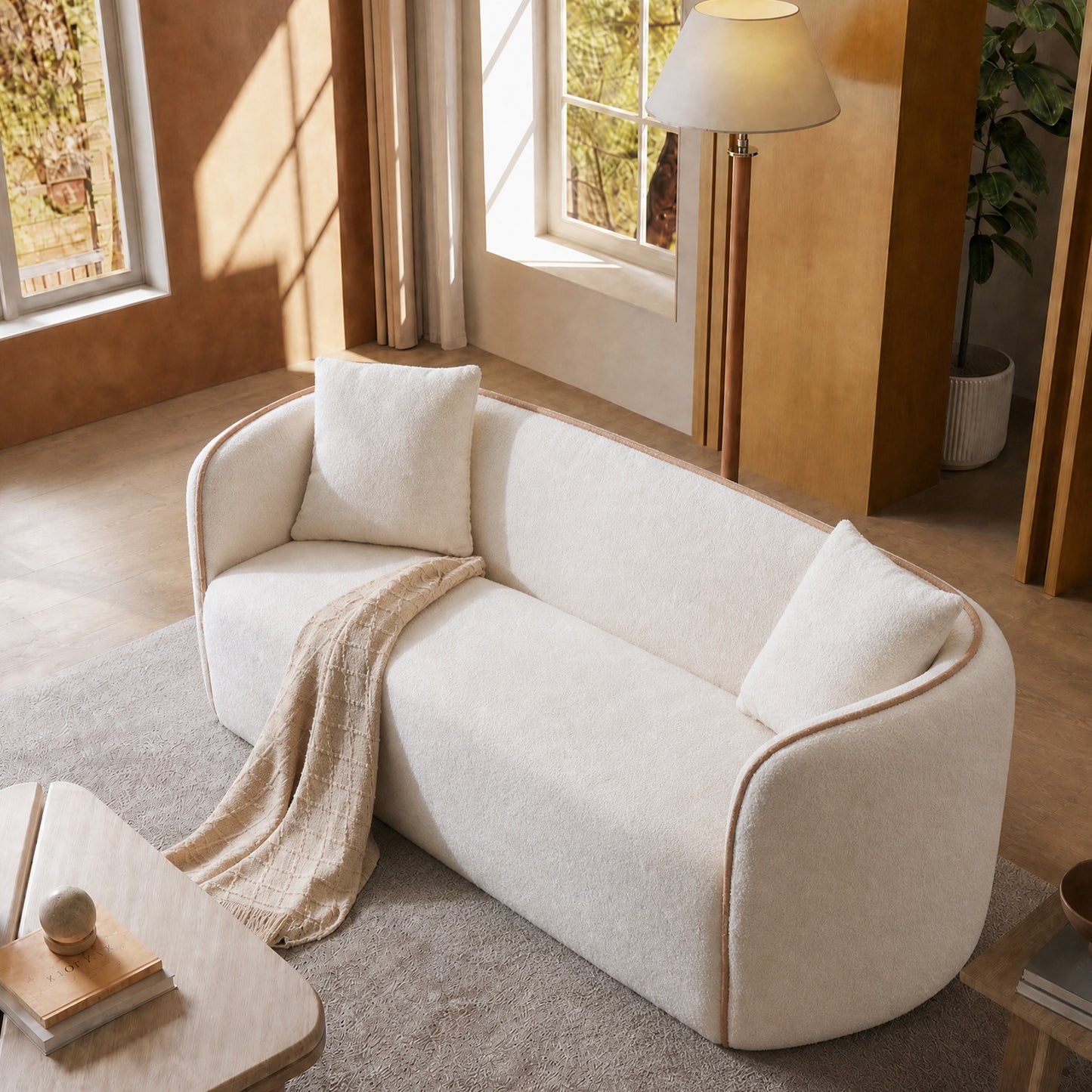 82-Inch White Bouclé 2-Seater Sofa, Curved Armrest