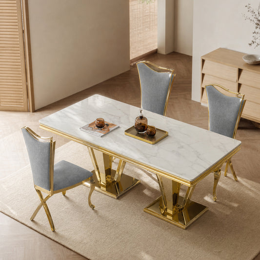 66.9"MDF Marble Top Dining Table , Stainless Steel with Diamond-Shaped Base