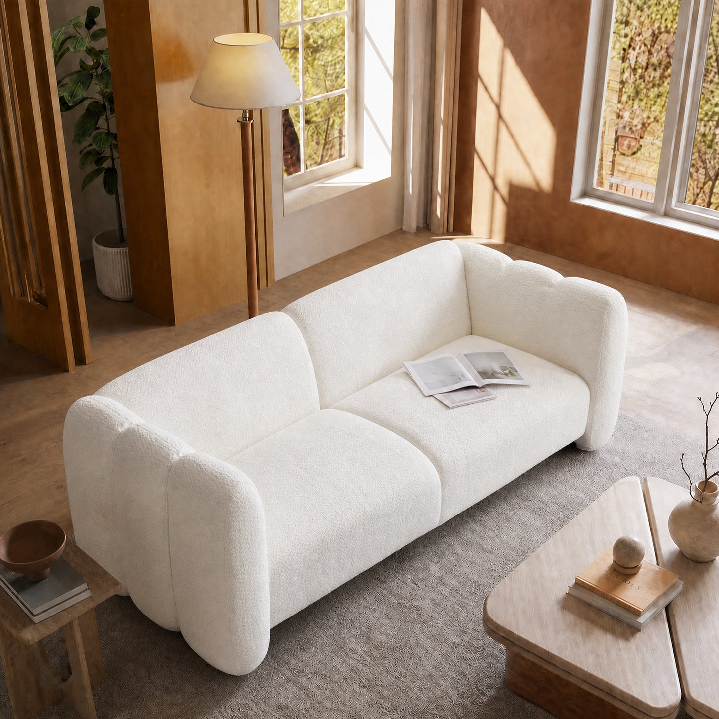Modular minimalist armchair in cloud-like design, 83-inch cream lambskin fabric for 2-seater, high-load Vabassabi style villa sofa, capable of supporting 2000 pounds.