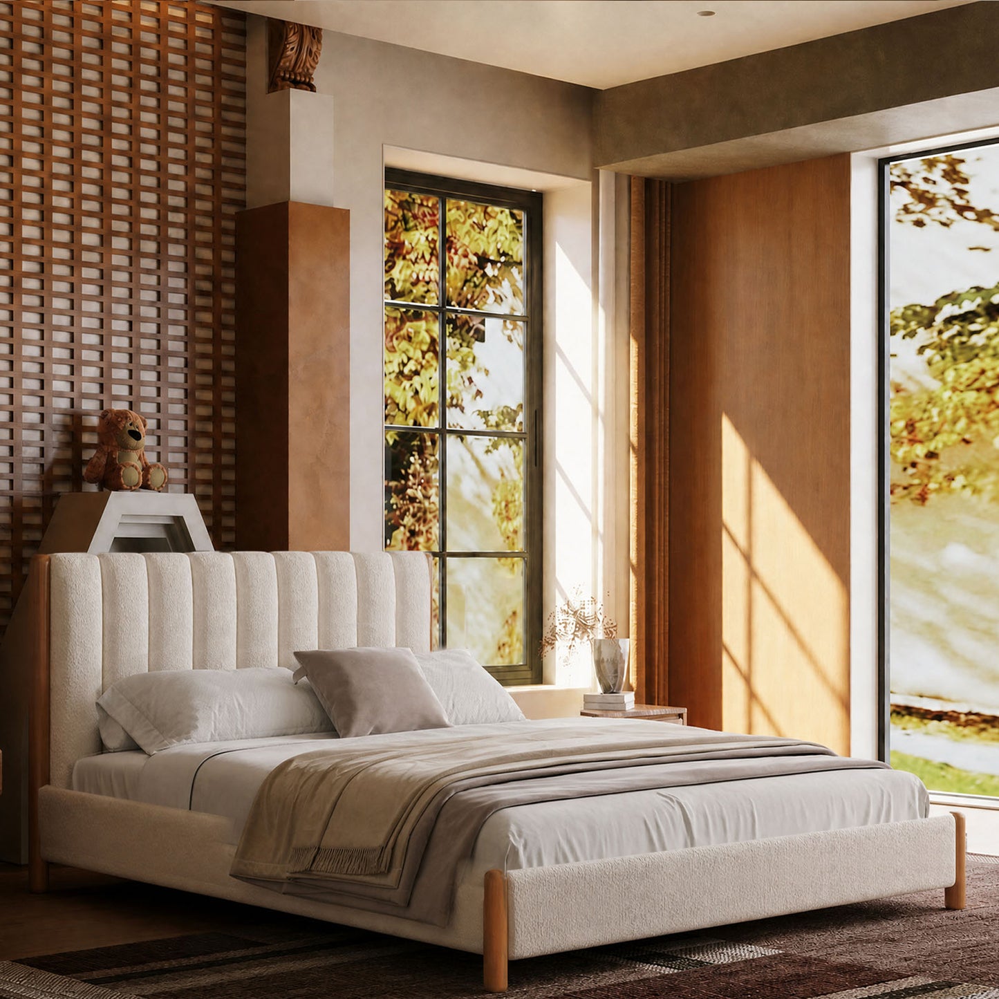 Japandi Vertical Channel Cloud Boucle Queen Bed Frame