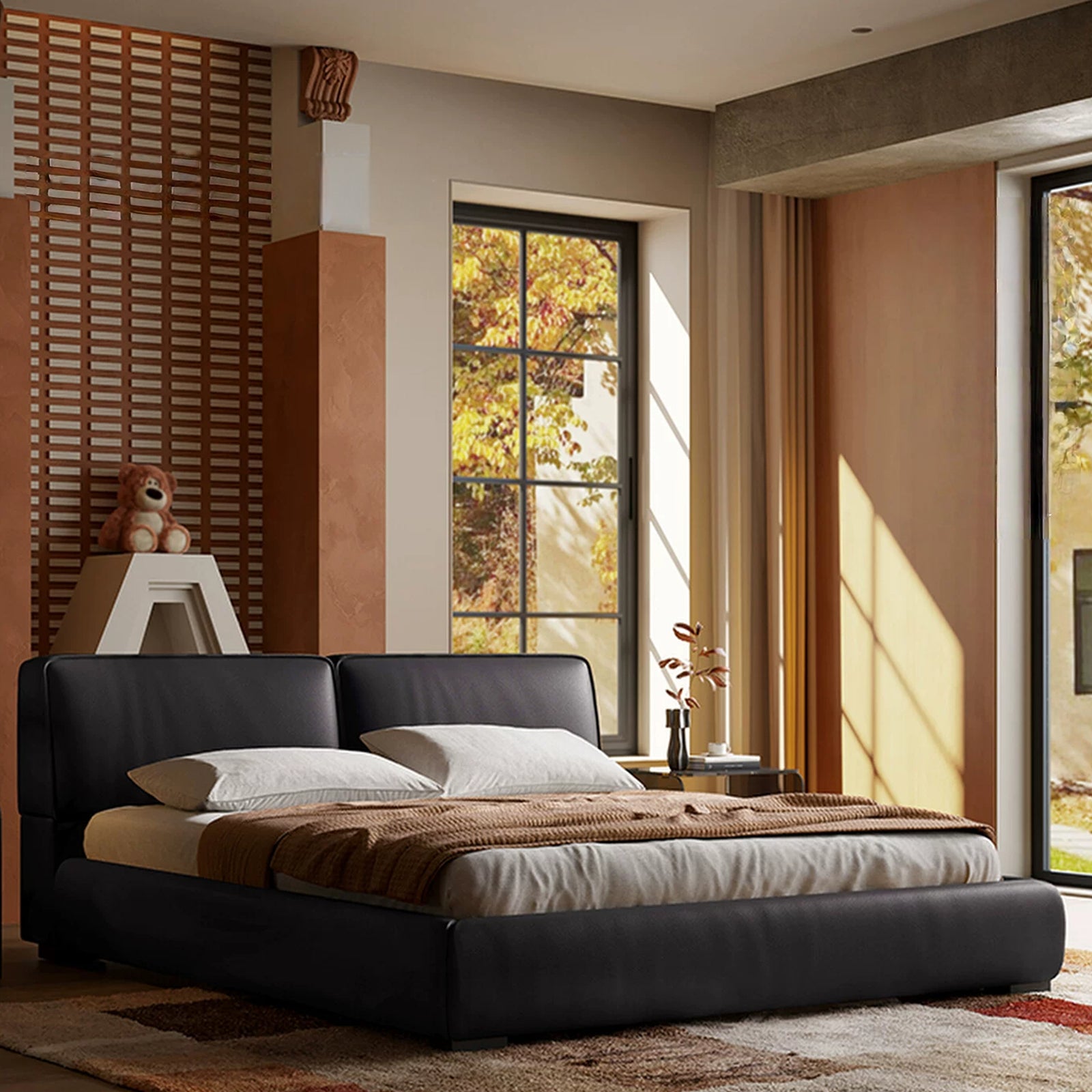 Queen Size Faux Leather Upholstered Platform Bed, Queen Size Modern Minimalist Low Profile Bed Frame with Padded Headboard, No Box Spring Needed, for Bedroom
