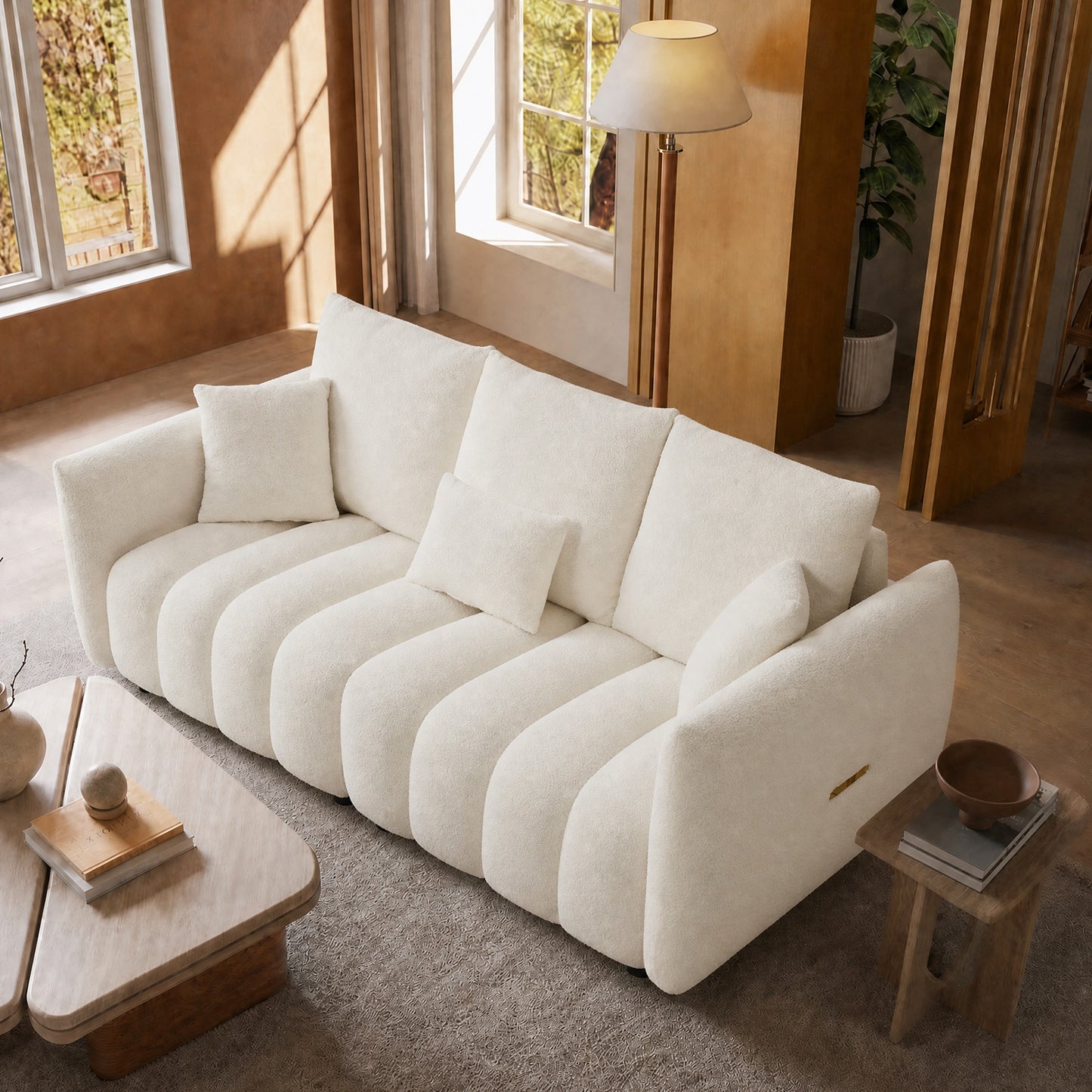 79.5-inch white wavy 3-seater sofa, boucle sofa, with side pockets and cushions, with a load capacity of 2000 pounds, sturdy and durable, minimalist and serene style, suitable for living rooms and apartments