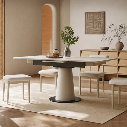 Retractable Rock Slab Folding Dining Table, Modern Square Expandable Table with Leather-Wrapped Stainless Steel Base