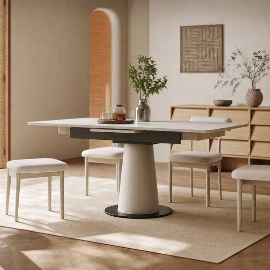 Retractable Rock Slab Folding Dining Table, Modern Square Expandable Table with Leather-Wrapped Stainless Steel Base
