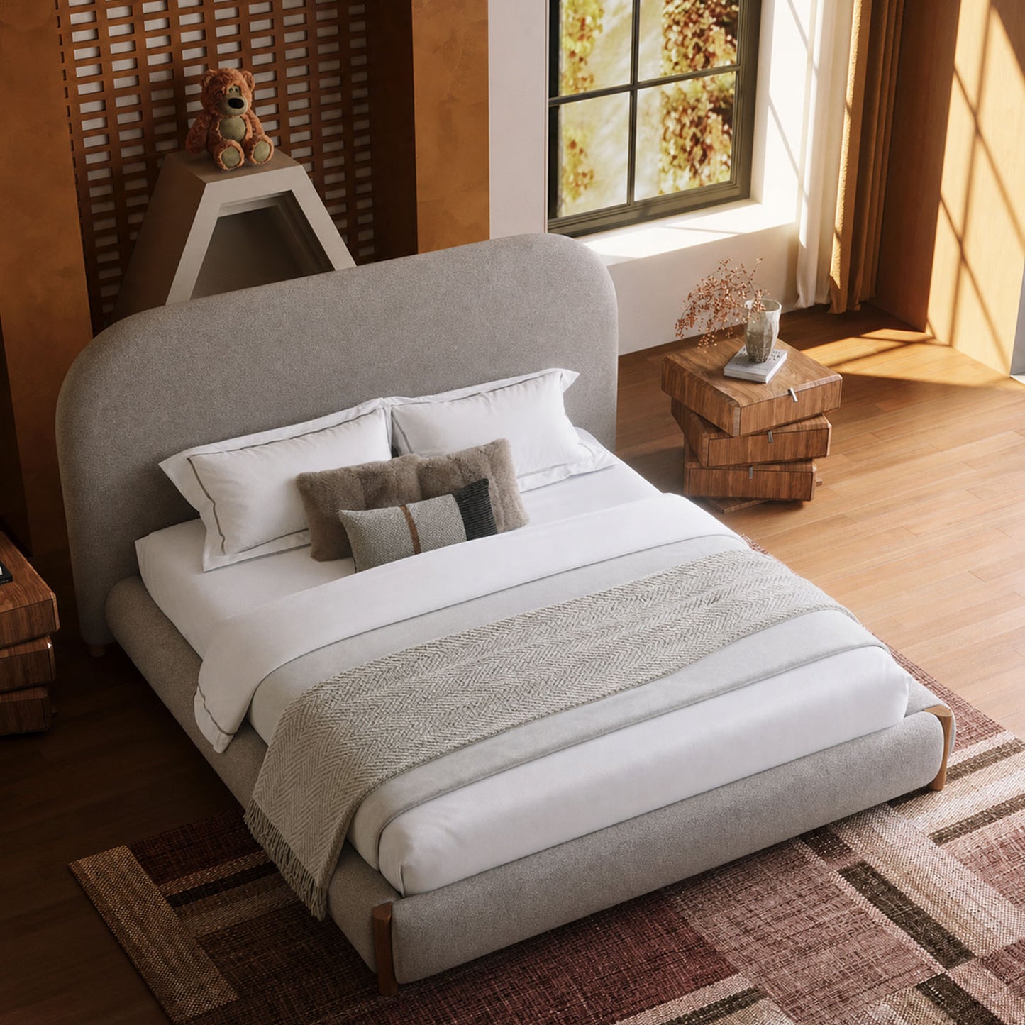 49" Curved Integrated Storage-Drawer Fabric King Bed
