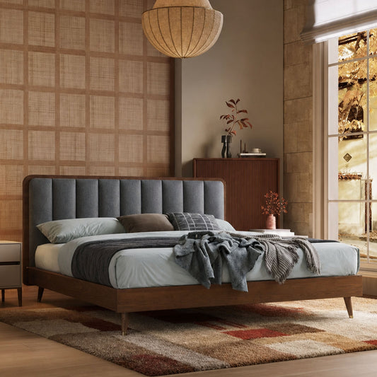 Vertical Tufted Fabric Walnut Wood Gold-Leg Queen Bed