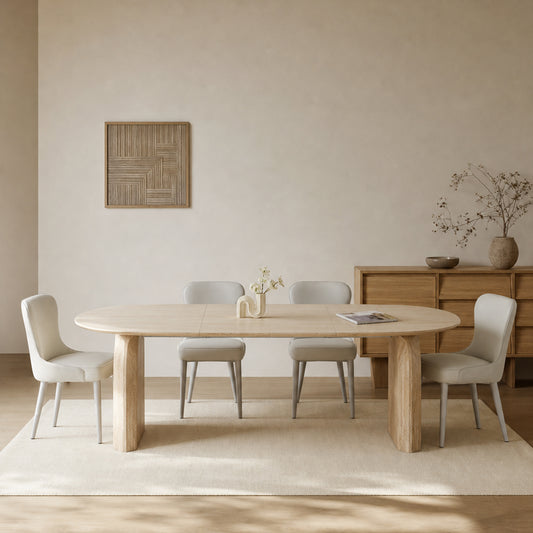 Wood Extendable Dining Table, Modern Oval Kitchen Table with Stylish Dual - Pillar Design