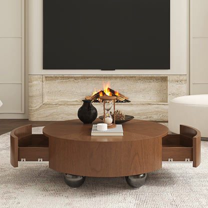 Walnut Coffee Table with Drawers | 35.4" Dual Silent Drawers