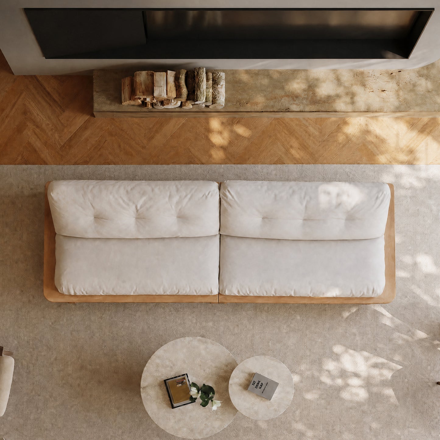 107.87" Natural Solid Wood Frame 3-Seater Modular Sofa, Cream Tufted Linen Floor Cushion Couch, Low Profile Japandi Sofa Max 2000 LBS for Living Room