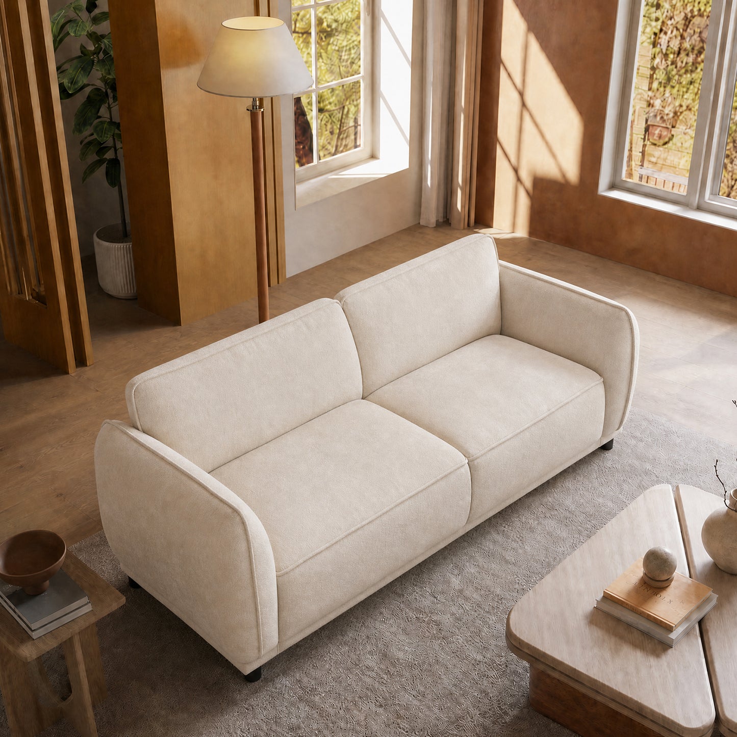 Minimalist rounded-edge combination module sofa, 84-inch white 2-seater, a rustic style sofa with a load-bearing capacity of 2000 pounds, suitable for various scenarios such as studios and villas.