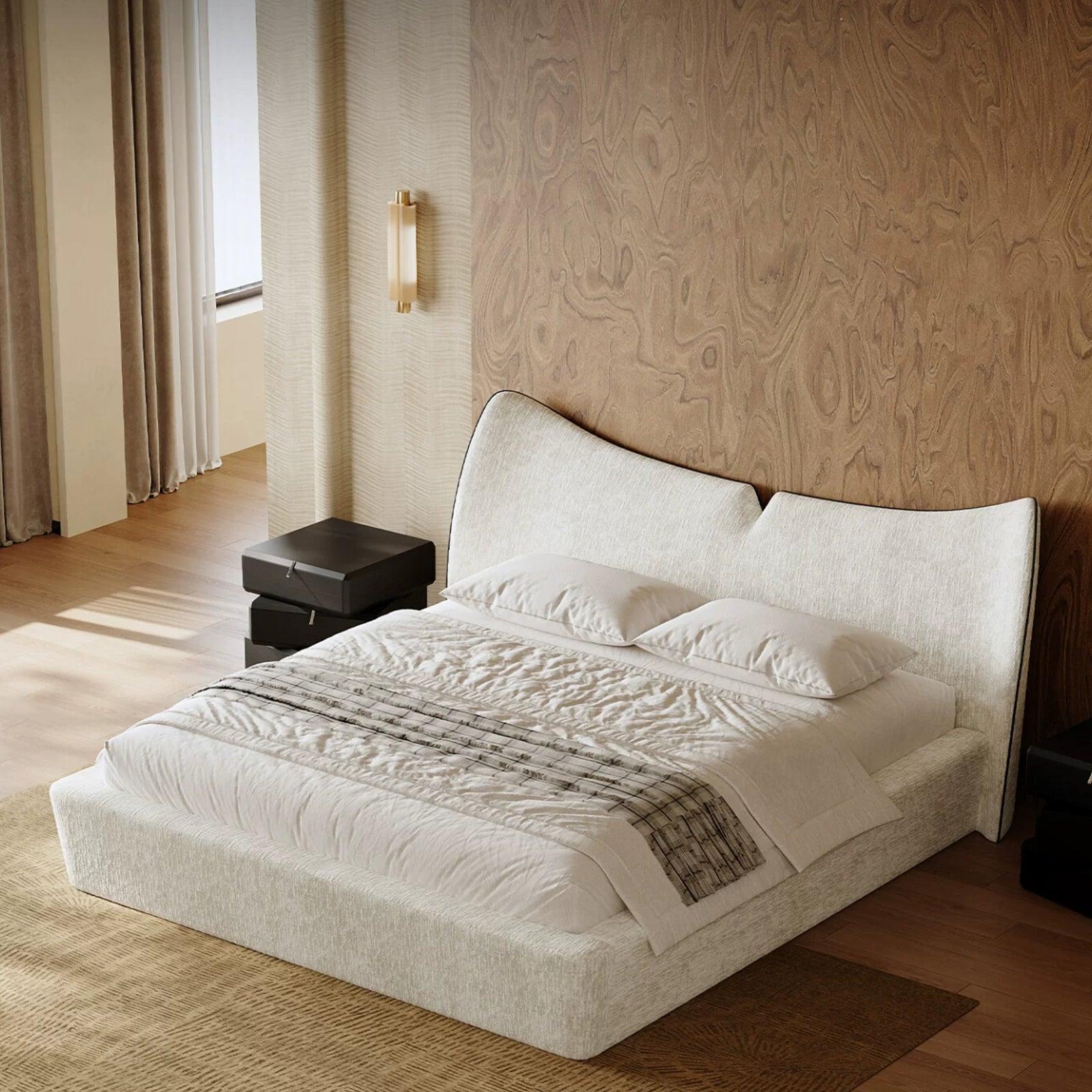 Modern Upholstered Platform Bed with Linen Headboard, Queen Size Wood Floor Bed Frame with High Wingback, No Box Spring Needed, Easy Assemble