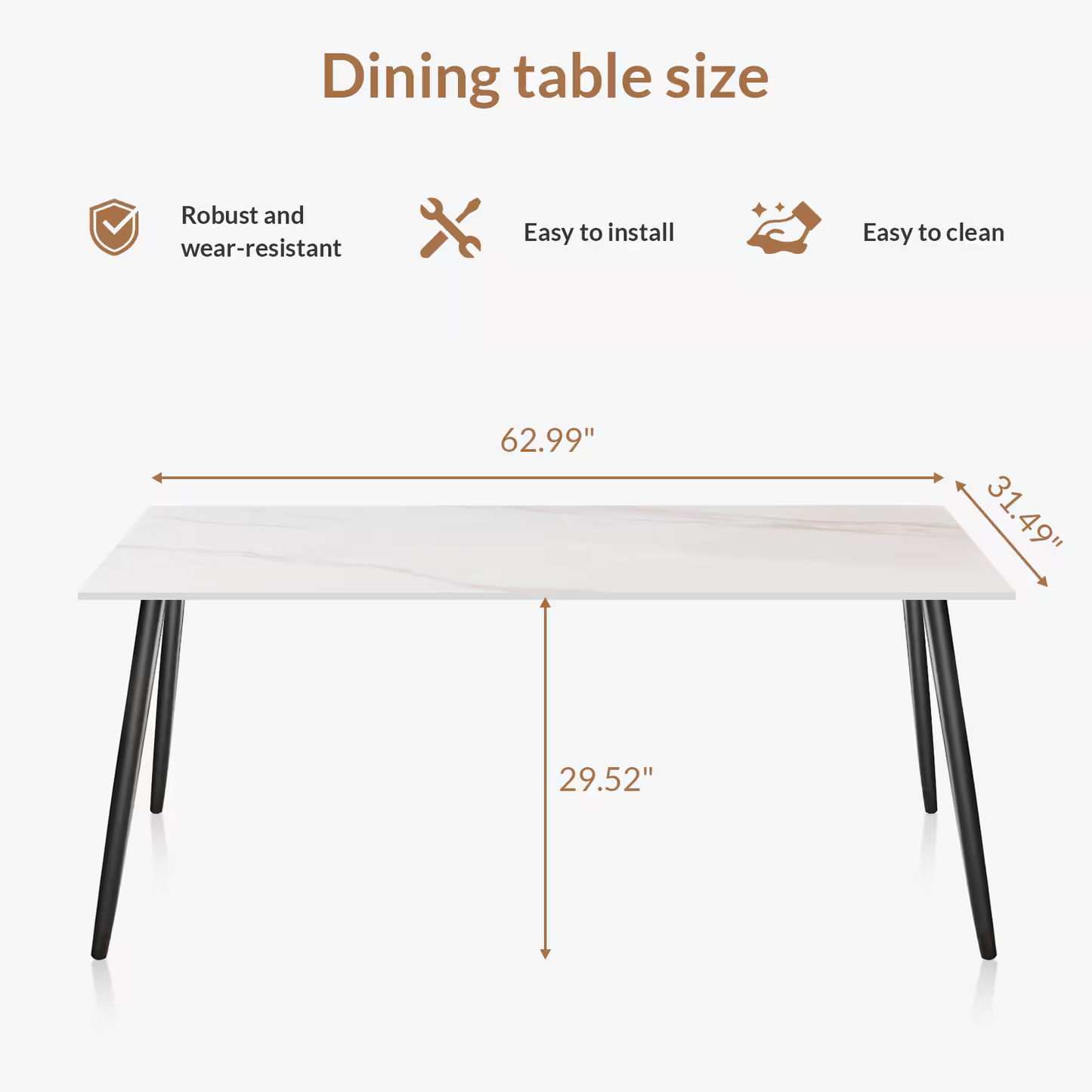 63 Inch Sintered Stone Dining Table, Gloss White Top with Carbon Steel Legs