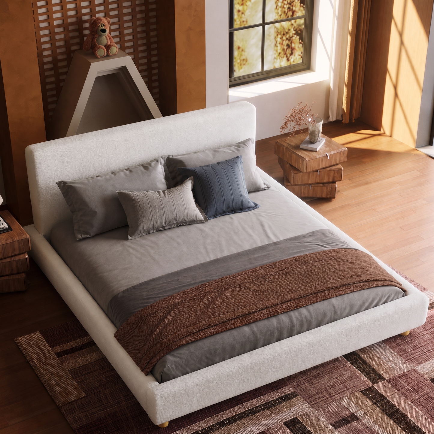 Off-White Fabric Bed Frame Wide Headboard Wood Slats Modern Villa Rounded Edges