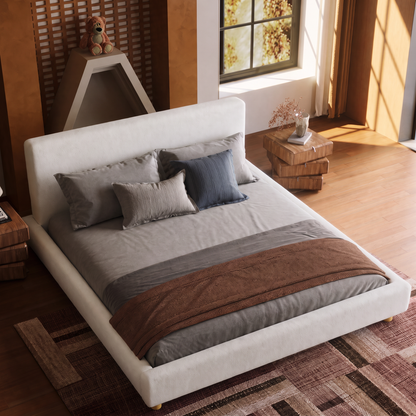 Off-White Fabric Bed Frame Wide Headboard Wood Slats Modern Villa Rounded Edges